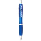 A blue ballpoint pen with a silver tip, clip, and push button. The pen has COLOUR PRINT written vertically in white letters on its upper half.