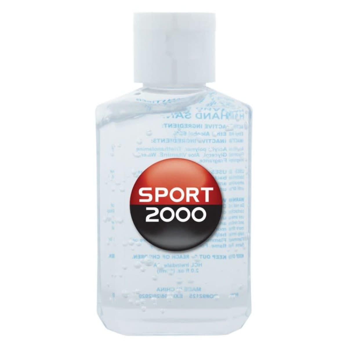 Clear hand sanitizer bottle with a SPORT 2000 logo on the front.