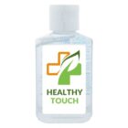 Clear bottle of hand sanitizer labeled HEALTHY TOUCH with a green and orange medical logo.