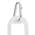 Silver carabiner clip attached to a white plastic object with a rectangular opening.