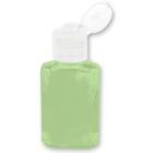 Small clear bottle with green liquid and a white flip-top cap, open.