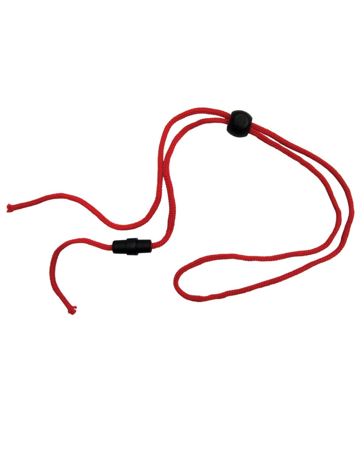 Red string with black sliding toggles and knotted ends.