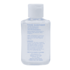 Clear plastic bottle of hand sanitizer with blue text and a white flip cap.