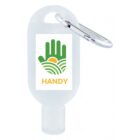 Clear plastic bottle with a carabiner and a “Handy” logo featuring a green hand and a sun.