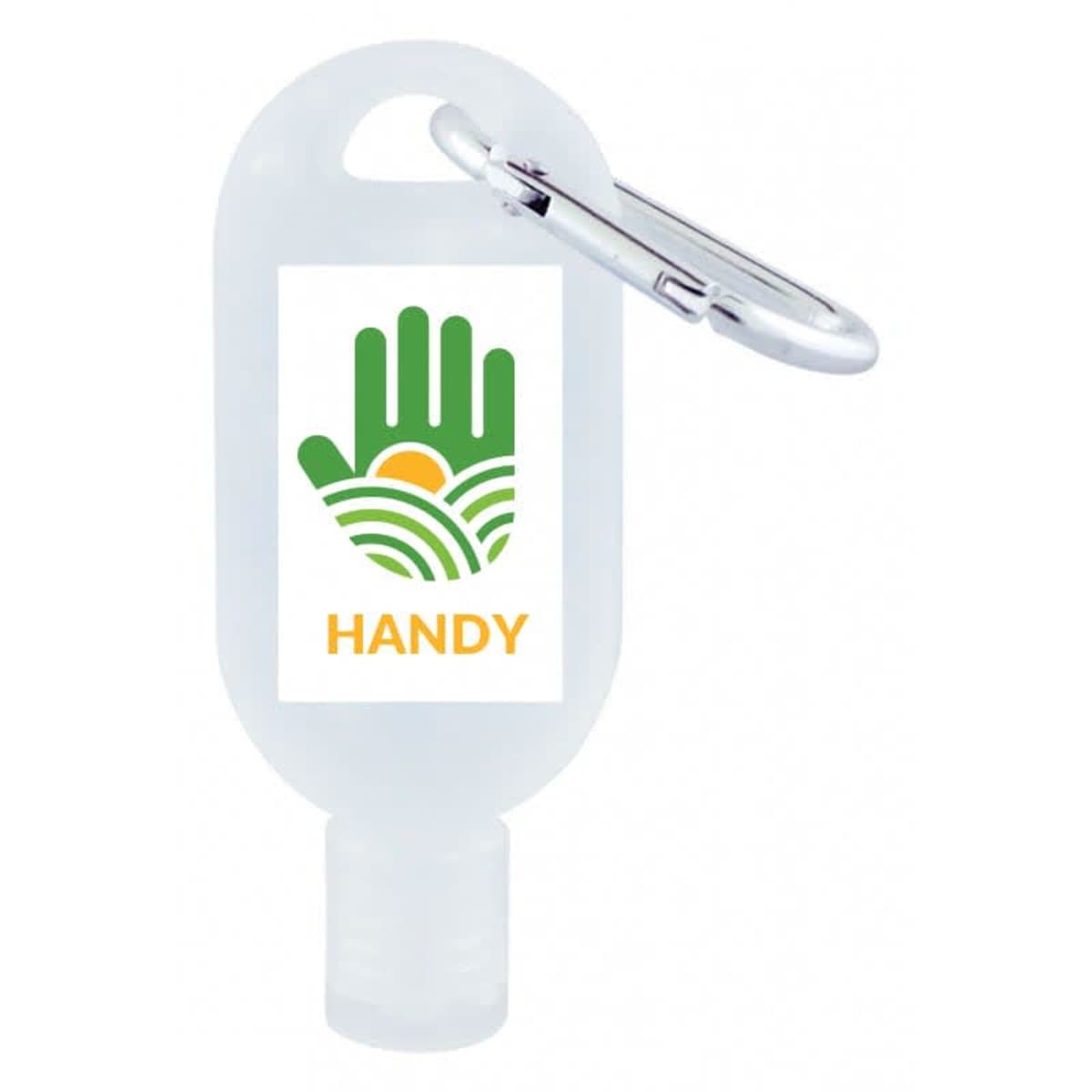 Clear plastic bottle with a carabiner and a “Handy” logo featuring a green hand and a sun.