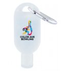 Clear bottle with carabiner clip and colorful bowling pin graphic labeled Color Ave Bowling.