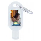 Clear bottle with carabiner, Days Inn logo, and woman lying on a bed in the label image.
