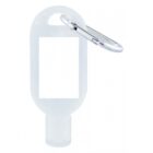 Clear plastic travel bottle with a silver carabiner attached at the top.