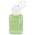 Small clear plastic bottle with green liquid and a white flip-top cap open.