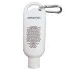 White bottle with a flip cap and carabiner, showing text label with ingredients on back.