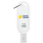 White Cancer Council sunscreen bottle with yellow flower logo and a carabiner clip.