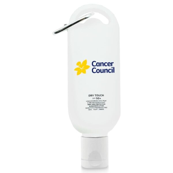 White Cancer Council sunscreen bottle with a carabiner clip and yellow flower logo.