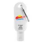 White sunscreen bottle with a carabiner and colorful SunFM 99.7 logo on the front.