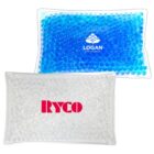 Two rectangular gel bead packs, one blue and one clear, each with different logos printed.