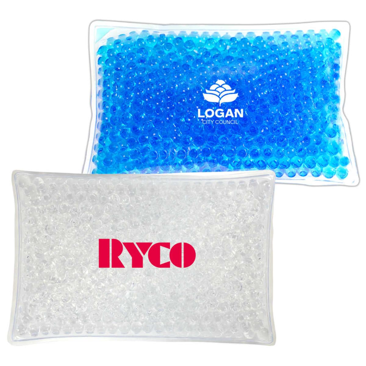 Two rectangular gel bead packs, one blue and one clear, each with different logos printed.