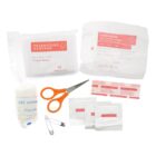First aid kit items including bandages, scissors, safety pins, and sterile gauze pads.