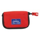 Red first aid kit pouch with a zipper and Hampton Inn & Suites logo on the front.