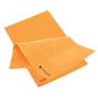 Two orange microfiber cleaning cloths, one folded and one flat, on a white background.