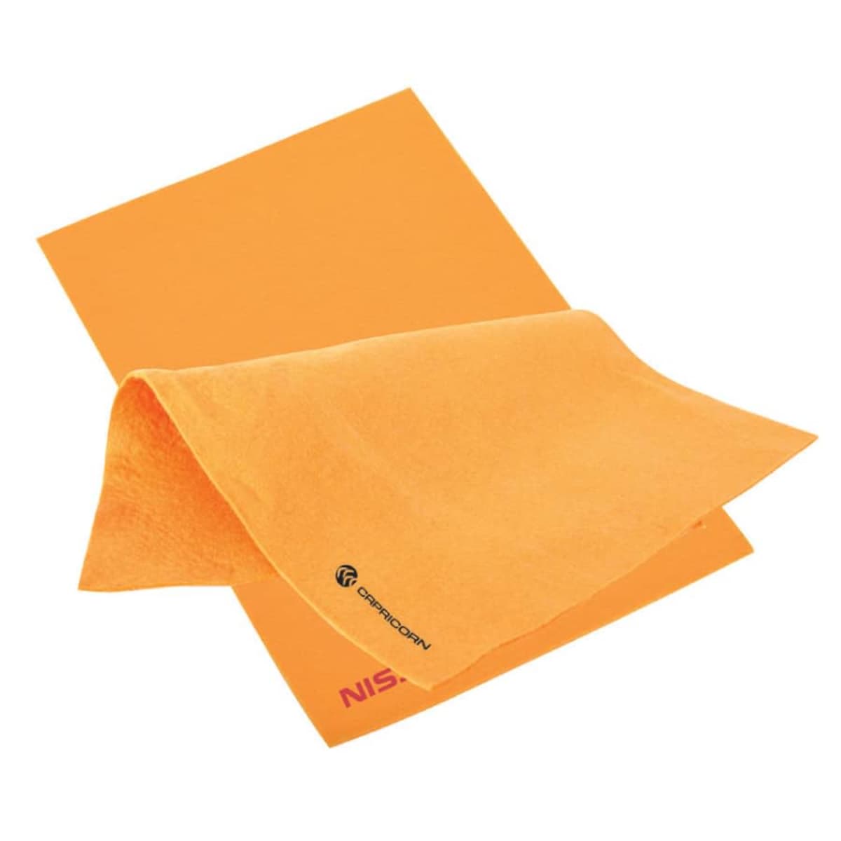 Two orange microfiber cleaning cloths, one folded and one flat, on a white background.