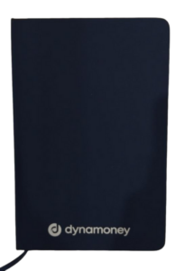Dark blue venture A5 notebook custom branded with a dynamoney logo