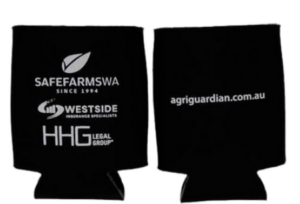 Two black stubby holders custom branded with the HHG Legal logo