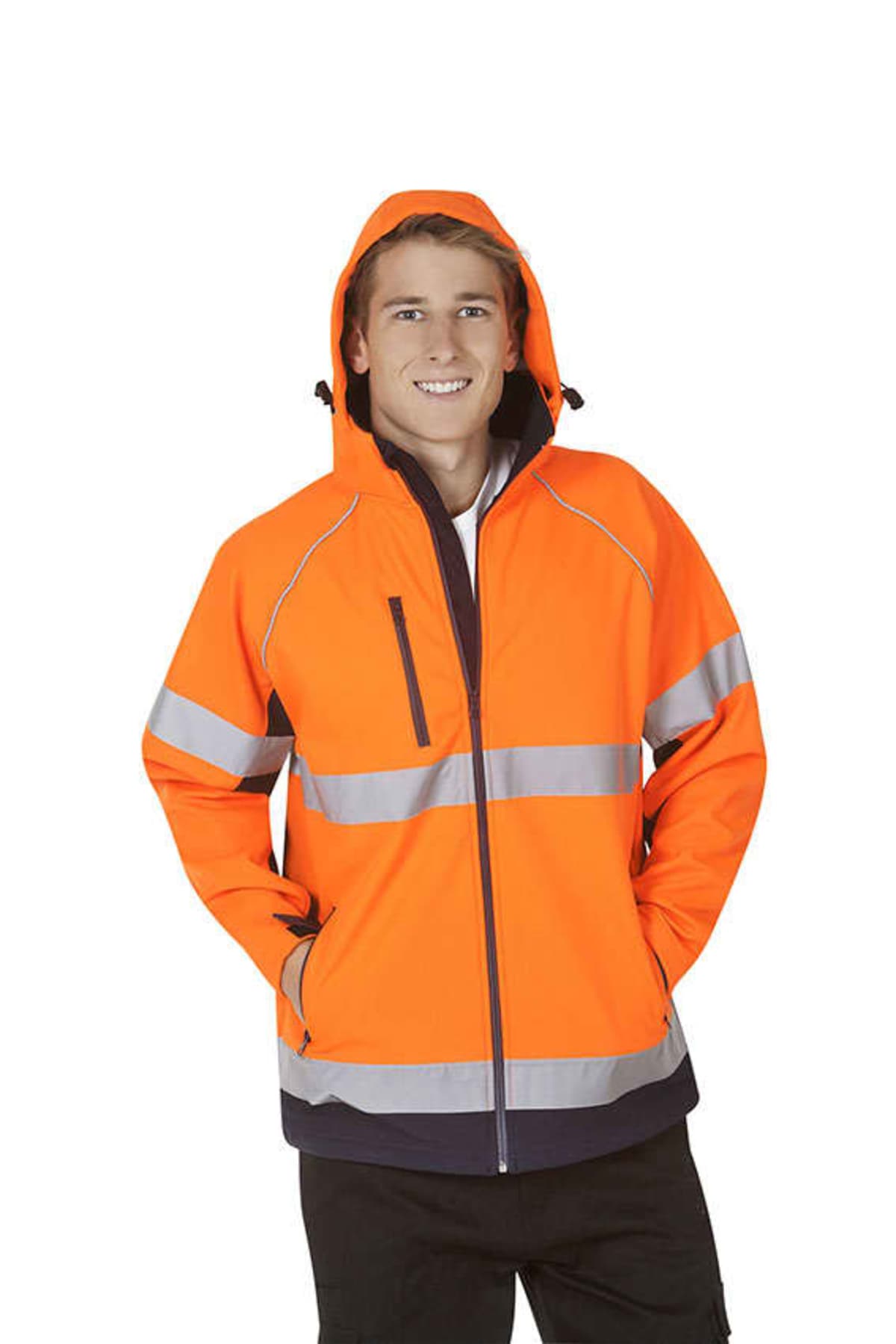 A person wearing a bright orange zip-up jacket with reflective gray stripes, smiling with hands in pockets. The jacket features a hood and black trim. The background is plain white.