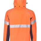 An orange and black high-visibility jacket with a hood and reflective silver bands across the back and sleeves. The jacket is displayed on a plain white background, showing the back side.