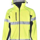 Bright yellow high-visibility jacket with reflective silver stripes and a black lining. The jacket features a hood, a zippered front, and zippered pockets on the chest and sides.