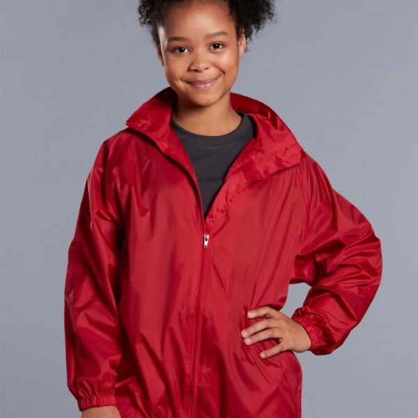 Person wearing a red jacket, smiling with one hand on their hip against a gray background.