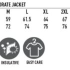 Size chart for mens wool blend corporate jacket with features icons.