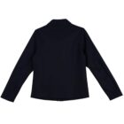 Back view of a black long-sleeved jacket on a white background.