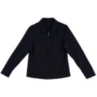 Black zip-up jacket with a collar on a white background.