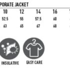 Size chart for ladies wool blend jacket with feature icons below.