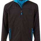 Black jacket with blue inner lining and zippers.