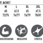 Size chart and fabric features for a mens sport jacket, sizes S to 5XL, with icons for fabric qualities.