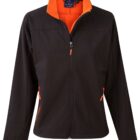 Black jacket with orange lining and zipper accents on a white background.