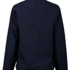 Navy blue jacket shown from the back, featuring long sleeves and a high collar.