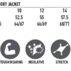 Size chart and features for ladies softshell sport jacket, including fit, chest, and length.