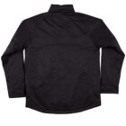 Back view of a black jacket with a high collar and long sleeves on a white background.