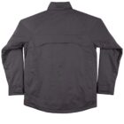 Back view of a long-sleeve, dark gray jacket with a collar.