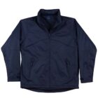 Navy blue jacket with front zipper and zippered pockets.