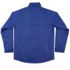 Back view of a blue jacket with long sleeves and a stand-up collar.