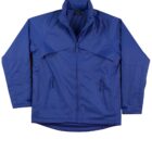 Blue windbreaker jacket with zipper and pockets, displayed on a white background.