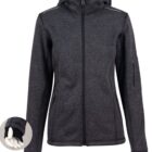 Dark gray hooded jacket with a front zipper and thumb holes in the cuffs.