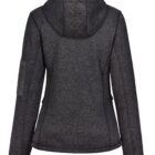 Back view of a gray hooded jacket with black cuffs and zipper pockets.