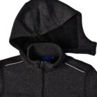 Dark gray hooded jacket with zipper and high collar.