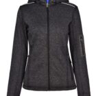 Dark gray zip-up hoodie with front and sleeve pockets, and a hood.