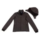 Gray jacket with zip-up front and removable hood, shown against a white background.