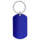 A blue rectangular dog tag keychain with a silver metal ring.