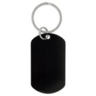 A blank black dog tag keychain with a silver key ring attached.